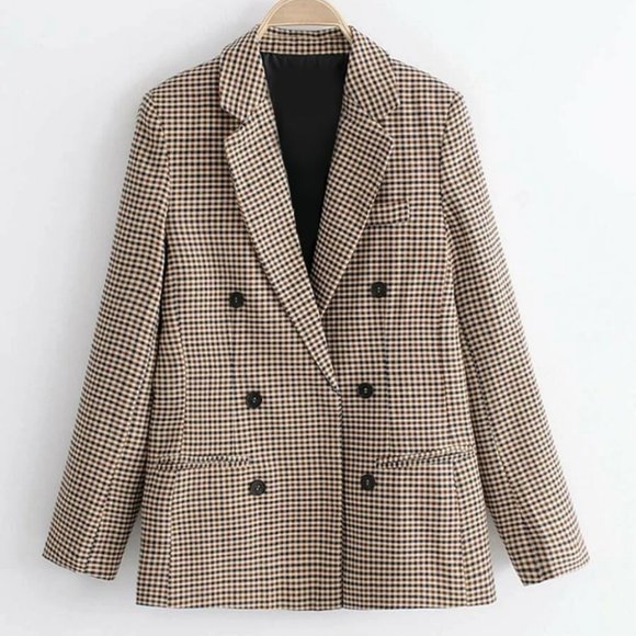 Plaid Print Double Breasted Lapel Collar Blazer work professional Business Chic - Picture 7 of 16